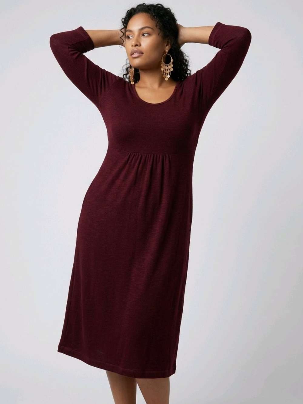 New Directions Burgundy Midi Dress Size M 3/4 Sleeve Scoop Neck